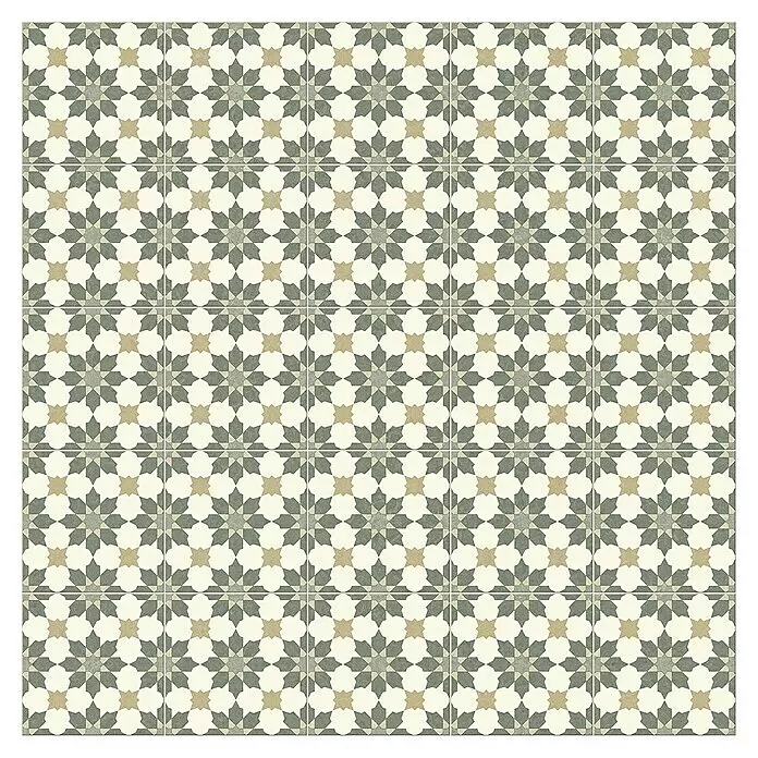 Beauflor PVC-Boden Meterware Artemis - 300 cm, Olivgrün/Beige - Fliesen mit geometrischem Sternmuster in Beige, Dunkelgrau und Cremeweiß.