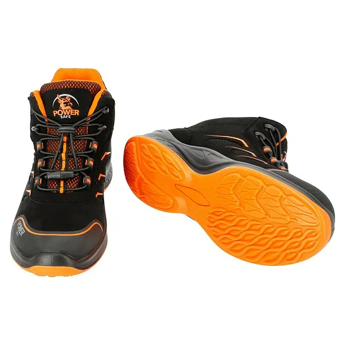 Sicherheitsstiefel Gordon - 44, Schutzklasse nach EN ISO 20345: S1P, Schwarz, Orange - Schwarze und orangefarbene Power Safe-Sicherheitsschuhe. Die robuste Sohle bietet guten Halt auf jedem Untergrund.