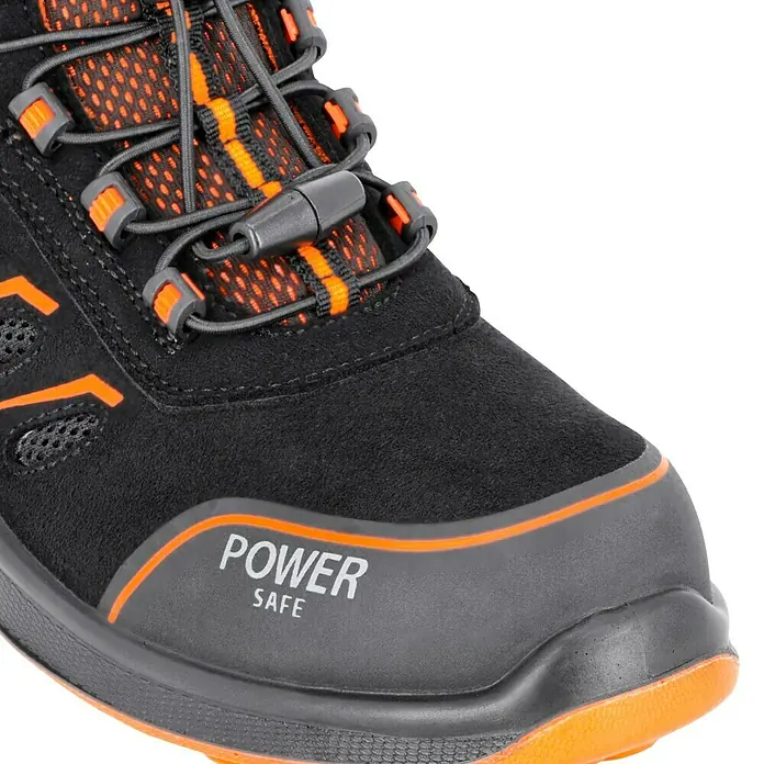 Sicherheitsstiefel Gordon - 44, Schutzklasse nach EN ISO 20345: S1P, Schwarz, Orange - Nahaufnahme eines schwarzen POWER SAFE Sicherheitsschuhs mit orangefarbenen Akzenten und Schnürsenkeln.