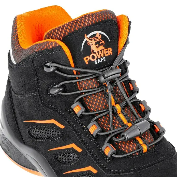 Sicherheitsstiefel Gordon - 44, Schutzklasse nach EN ISO 20345: S1P, Schwarz, Orange - Nahaufnahme eines Power Safe Sicherheitsschuhs in Schwarz und Orange.