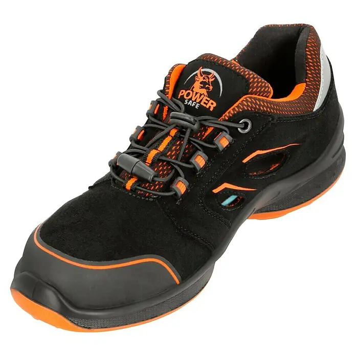 Sicherheitshalbschuh Tony - 46, Schutzklasse nach EN ISO 20345: S1P, Schwarz, Orange - Der Power Safe Sicherheitsschuh in Schwarz mit orangefarbenen Akzenten bietet Schutz und Komfort bei der Arbeit.