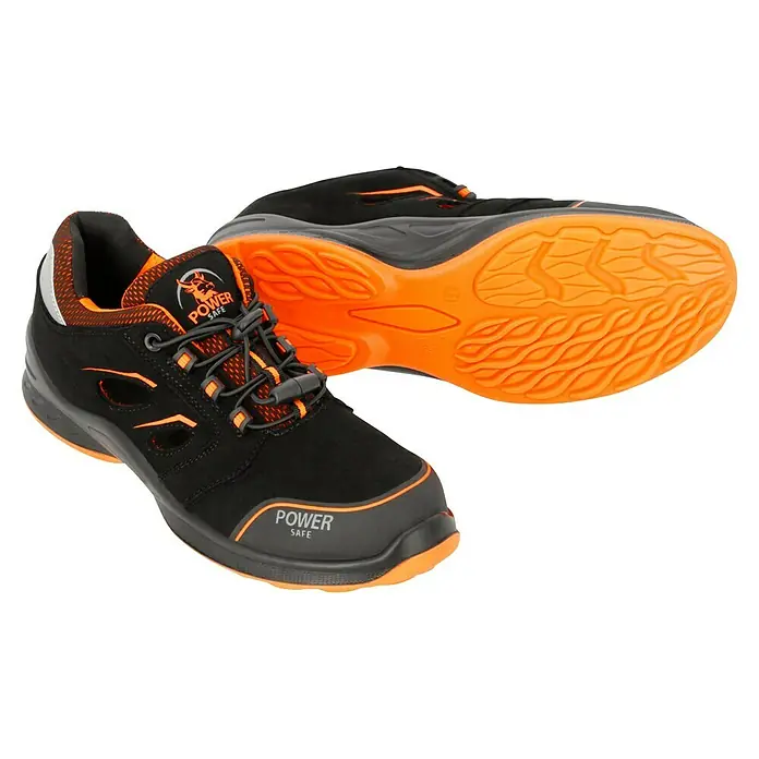 Sicherheitshalbschuh Tony - 46, Schutzklasse nach EN ISO 20345: S1P, Schwarz, Orange - Schwarze Power Safe Sicherheitsschuhe mit orangefarbenen Akzenten und rutschfester Sohle für optimalen Schutz und Komfort am Arbeitsplatz.