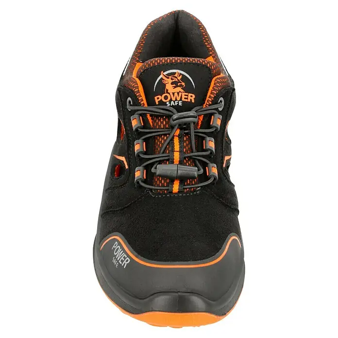 Sicherheitshalbschuh Tony - 42, Schutzklasse nach EN ISO 20345: S1P, Schwarz, Orange - Vorderansicht eines schwarzen Power Safe Sicherheitsschuhs mit orangefarbenen Akzenten, der robusten Schutz und Komfort bei der Arbeit bietet.