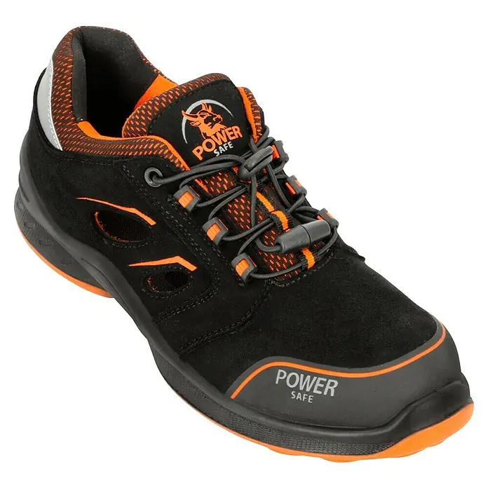 Sicherheitshalbschuh Tony - 46, Schutzklasse nach EN ISO 20345: S1P, Schwarz, Orange - Der Power Safe Sicherheitsschuh in Schwarz und Orange bietet optimalen Schutz und Komfort bei der Arbeit. Ideal für alle Arbeitsbereiche.