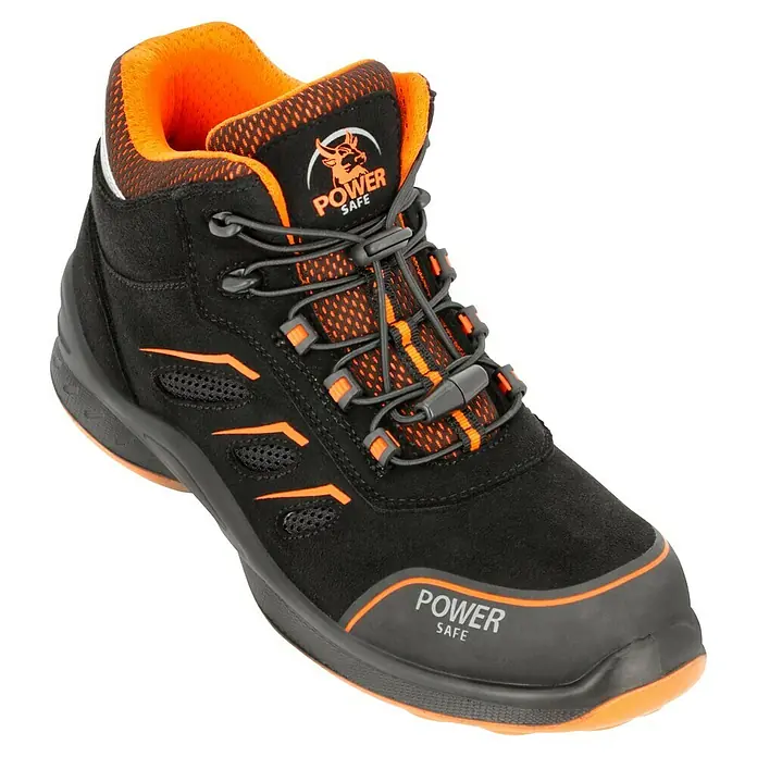 Sicherheitsstiefel Gordon - 44, Schutzklasse nach EN ISO 20345: S1P, Schwarz, Orange - Schwarzer Power Safe Sicherheitsstiefel mit orangefarbenen Akzenten, robust und schützend für anspruchsvolle Arbeitsumgebungen.
