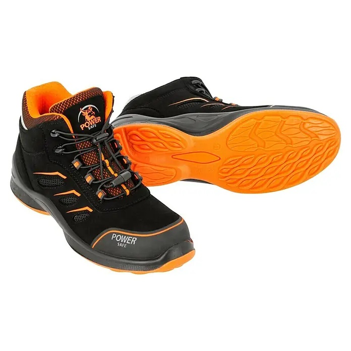 Sicherheitsstiefel Gordon - 44, Schutzklasse nach EN ISO 20345: S1P, Schwarz, Orange - Schwarze Power Safe-Sicherheitsschuhe mit orangefarbenen Akzenten, die Schutz und Stil vereinen. Robuste Konstruktion für sichere Arbeitsbedingungen.