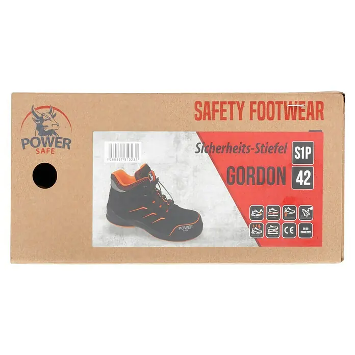 Sicherheitsstiefel Gordon - 42, Schutzklasse nach EN ISO 20345: S1P, Schwarz, Orange - Karton mit Sicherheitsschuhen der Marke Power Safe, Modell Gordon S1P, Größe 42, mit Stahlkappe, Antistatik und CE-Kennzeichnung.