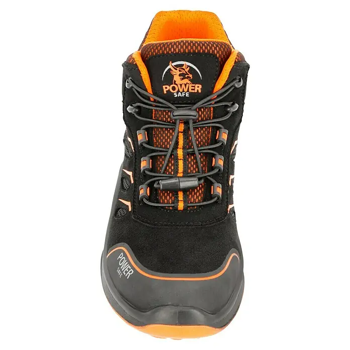 Sicherheitsstiefel Gordon - 44, Schutzklasse nach EN ISO 20345: S1P, Schwarz, Orange - Blick auf einen schwarzen Power Safe Sicherheitsschuh mit orangen Akzenten und Schnürsystem für optimalen Halt.