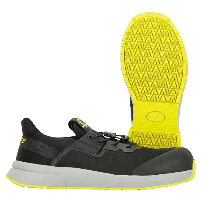 Sicherheitshalbschuh Adam - Schuhgröße: 45, S1P - Ein Paar Power Sicherheitsschuhe, schwarz mit gelber Sohle, wobei ein Schuh steht und die Sohle zeigt.