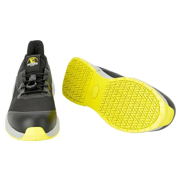 Sicherheitshalbschuh Adam - Schuhgröße: 45, S1P - Schwarze Power Safe-Sicherheitsschuhe mit gelber Sohle. Die Schuhe sind bequem und bieten optimalen Schutz am Arbeitsplatz.