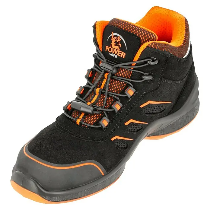 Sicherheitsstiefel Gordon - 44, Schutzklasse nach EN ISO 20345: S1P, Schwarz, Orange - Ein Power Safe Sicherheitsstiefel in Schwarz und Orange, ideal für Arbeitssicherheit und Komfort.