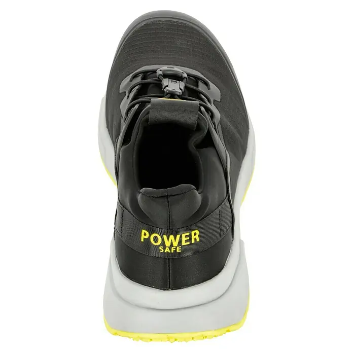 Sicherheitshalbschuh Adam - Schuhgröße: 45, S1P - Blick von oben auf einen schwarzen Schuh mit der Aufschrift "POWER SAFE" auf der Rückseite und gelben Akzenten an der Sohle.