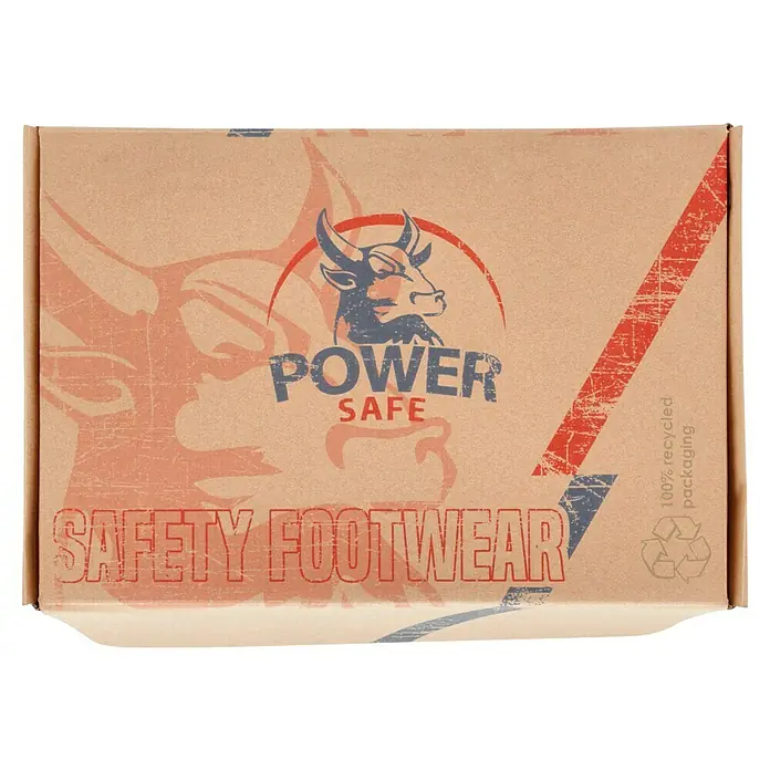 Sicherheitsstiefel Gordon - 44, Schutzklasse nach EN ISO 20345: S1P, Schwarz, Orange - Kartonverpackung für Sicherheitsschuhe mit Aufdruck von Stierkopf, "Power Safe" und "100% recycelter Verpackung" auf braunem Karton.