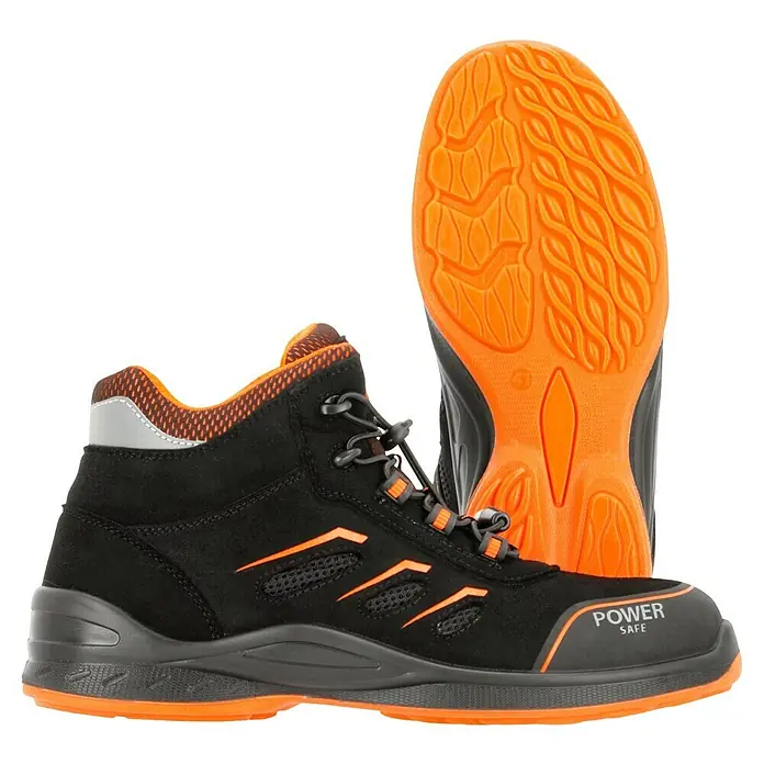 Sicherheitsstiefel Gordon - 44, Schutzklasse nach EN ISO 20345: S1P, Schwarz, Orange - Schwarze Power Safe Arbeitsstiefel mit orangefarbenen Akzenten und rutschfester Sohle für optimalen Schutz und Komfort bei der Arbeit.