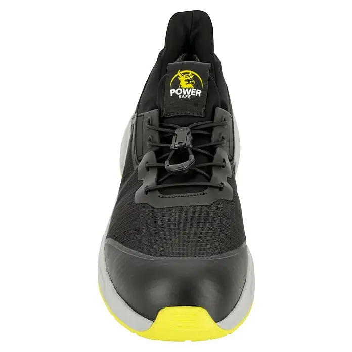 Sicherheitshalbschuh Adam - Schuhgröße: 45, S1P - Schwarzer Power Safe Schuh mit gelber Sohle und Zugband für sicheren Halt und optimalen Komfort bei der Arbeit.