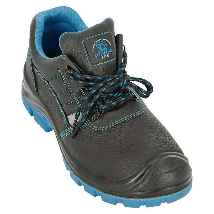 Sicherheitshalbschuh Rob - Schuhgröße: 44, S3 - Schwarzer Power Safe Sicherheitsschuh mit blauen Akzenten und Schnürsenkeln für zuverlässigen Schutz bei der Arbeit.