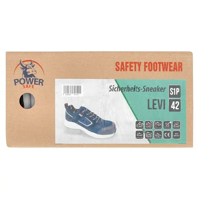 Sicherheitshalbschuh Levi - 42, Schutzklasse nach EN ISO 20345: S1P, Grau - Karton mit Sicherheitsschuhen. Der Schuh ist blau, hat eine weiße Sohle und die Aufschrift "LEVI 42 S1P".