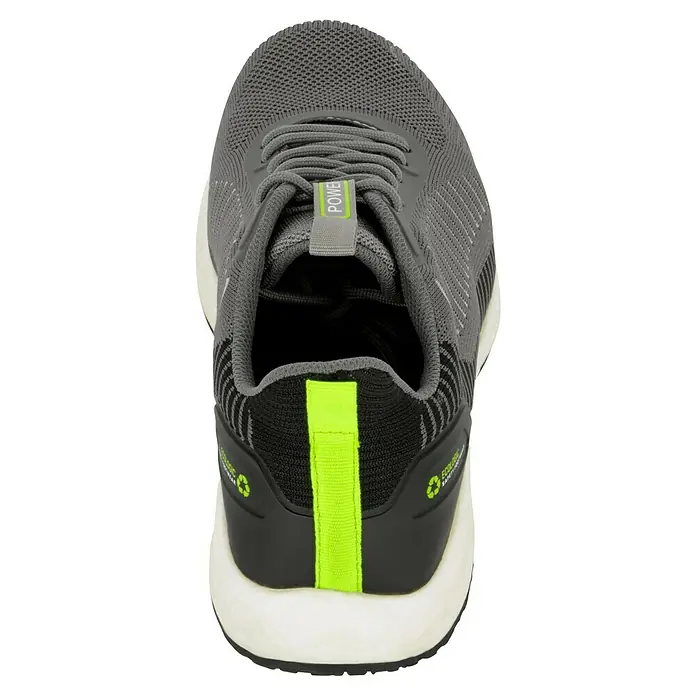 Sicherheitshalbschuh Mauro - 46, Schutzklasse nach EN ISO 20345: S1P, Schwarz, Grau - Grauer Power-Sportschuh von oben mit Schnürsenkeln und neongrünem Detail an der Ferse.