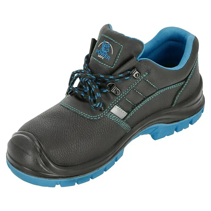Sicherheitshalbschuh Rob - Schuhgröße: 44, S3 - Ein robuster Sicherheitsschuh in Schwarz mit blauen Akzenten und Schnürsenkeln. Der Schuh bietet Schutz und Komfort bei der Arbeit.