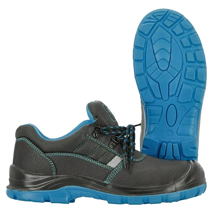 Sicherheitshalbschuh Rob - Schuhgröße: 44, S3 - Schwarzer Sicherheitsschuh mit blauen Akzenten und ölbeständiger Sohle für den professionellen Einsatz.