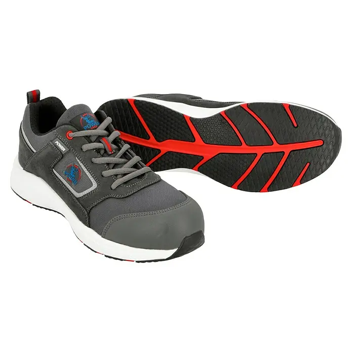 Sicherheitshalbschuh Levi - 44, Schutzklasse nach EN ISO 20345: S1P, Grau - Das Bild zeigt einen grauen Power Safety Schuh mit weißer Sohle und roten Akzenten auf schwarzem Grund.