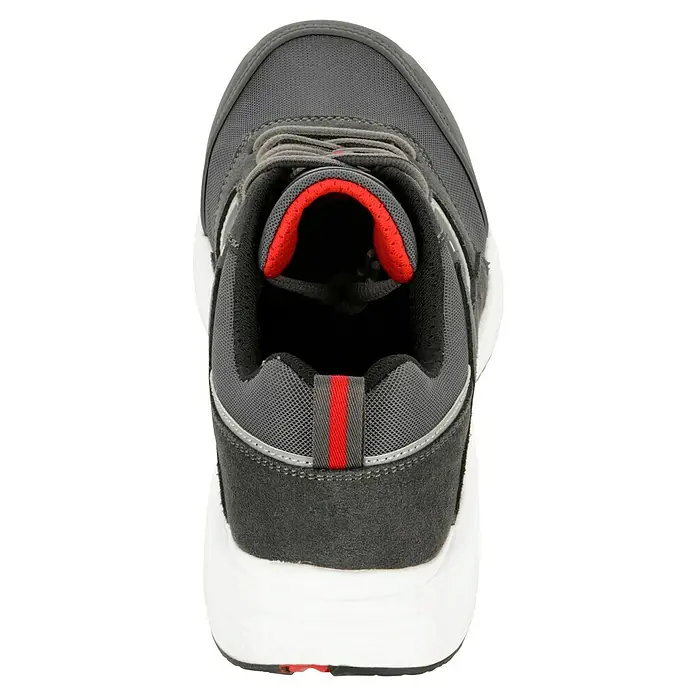 Sicherheitshalbschuh Levi - 44, Schutzklasse nach EN ISO 20345: S1P, Grau - Grauer Sneaker mit roten Akzenten und einer weißen Sohle. Sportlicher Schuh für Komfort und Stil im Alltag.