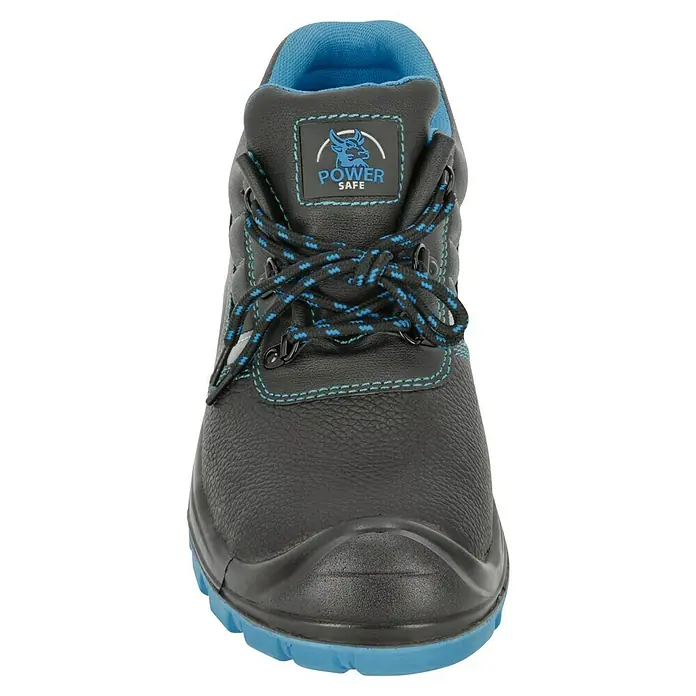 Sicherheitshalbschuh Rob - Schuhgröße: 44, S3 - Ein robustes, schwarzes Power Safe Sicherheitsschuhwerk mit blauen Akzenten und Schnürsenkeln für optimalen Schutz bei der Arbeit.