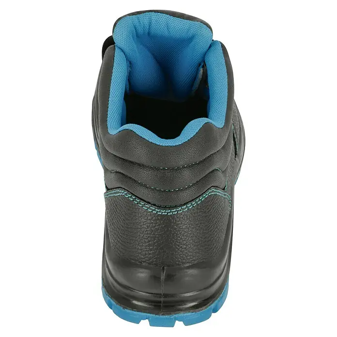Sicherheitshalbschuh Sam - Schuhgröße: 45, S3 - Detailaufnahme eines robusten, grauen Sicherheitsschuhs mit blauer Polsterung und Sohle, ideal für den Arbeitsplatz.