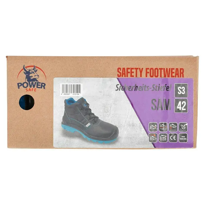 Sicherheitshalbschuh Sam - Schuhgröße: 42, S3 - Karton mit Power Safe Sicherheitsstiefeln SAM in Größe 42, S3-zertifiziert, mit Produktdetails und Logos.