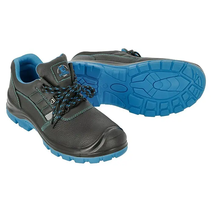 Sicherheitshalbschuh Rob - Schuhgröße: 44, S3 - Schwarze Sicherheitsschuhe mit blauer Sohle und Schnürsenkeln, robust und bequem für den Arbeitsschutz.
