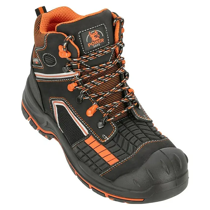 Sicherheitsstiefel Maddox - 41, Schutzklasse nach EN ISO 20345: S3, Schwarz, Orange - Der schwarze Power Safe-Sicherheitsstiefel mit orangefarbenen Akzenten bietet optimalen Schutz und Komfort bei der Arbeit.
