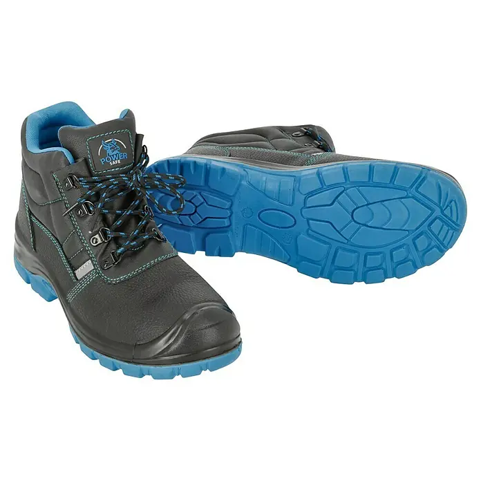 Sicherheitshalbschuh Sam - Schuhgröße: 45, S3 - Schwarze Sicherheitsstiefel mit blauer Sohle und blauen Akzenten für sicheren Halt und Komfort bei der Arbeit.