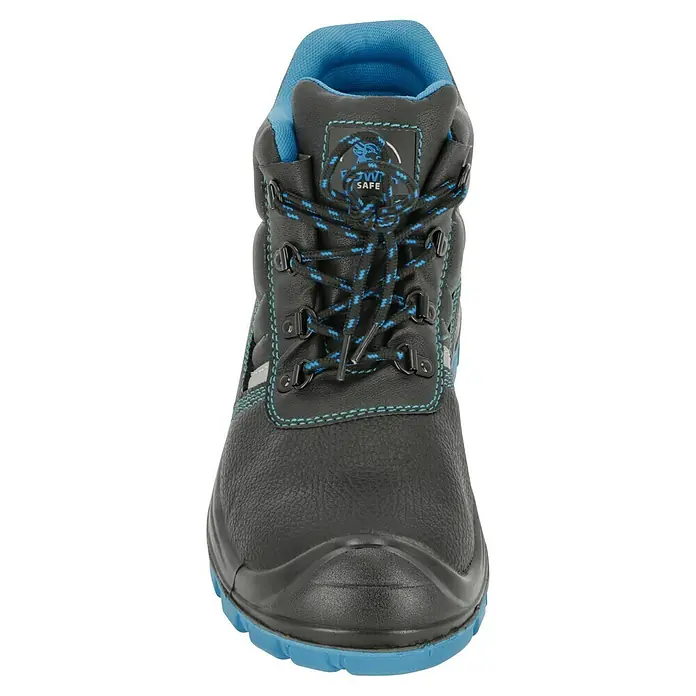 Sicherheitshalbschuh Sam - Schuhgröße: 45, S3 - Dieser schwarze Sicherheitsschuh mit blauen Akzenten bietet optimalen Schutz und Komfort bei der Arbeit.