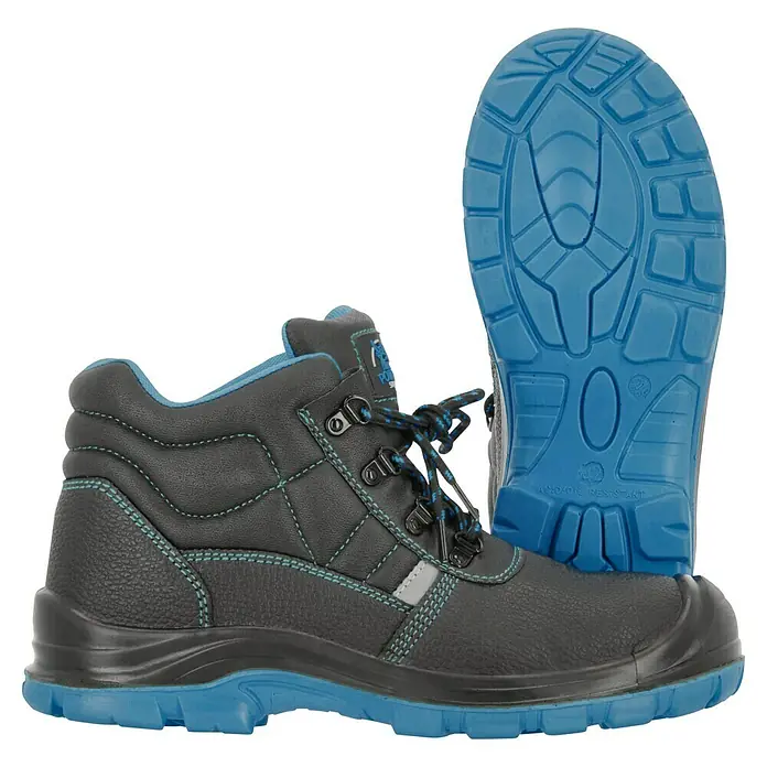 Sicherheitshalbschuh Sam - Schuhgröße: 45, S3 - Abgebildete, graue und blaue Sicherheitsschuhe mit Schnürsenkeln und rutschfester Sohle für optimale Sicherheit im Arbeitsalltag.