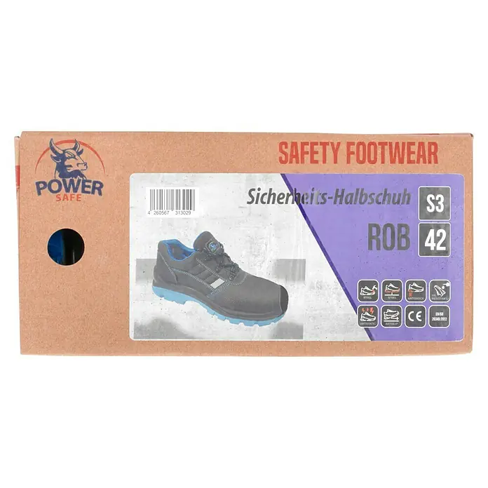 Sicherheitshalbschuh Rob - Schuhgröße: 42, S3 - Karton mit Sicherheitsschuh Power Safe, Modell ROB, Größe 42, S3 zertifiziert, mit diversen Schutzeigenschaften und Sicherheitszeichen.