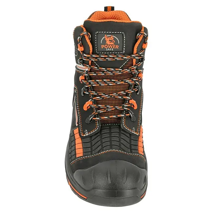 Sicherheitsstiefel Maddox - 41, Schutzklasse nach EN ISO 20345: S3, Schwarz, Orange - Das Bild zeigt einen schwarzen Power Safe Arbeitsstiefel mit orangefarbenen Akzenten und Schnürsenkeln. Der Stiefel ist robust und für sicheres Arbeiten konzipiert.