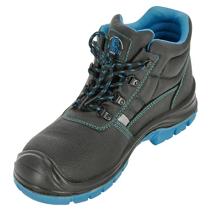 Sicherheitshalbschuh Sam - Schuhgröße: 45, S3 - Schwarzer Sicherheitsstiefel mit blauen Akzenten und Schnürsenkeln für optimalen Schutz bei der Arbeit.