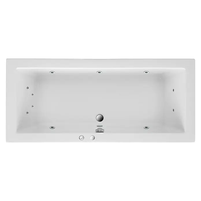 Ottofond Whirlpool Atlas 2 - 170 x 75 cm, Sanitäracryl, Weiß, Komfort - Draufsicht auf eine rechteckige weiße Whirlpool-Badewanne mit Düsen und Bedienelementen, die ein entspannendes Badeerlebnis verspricht.
