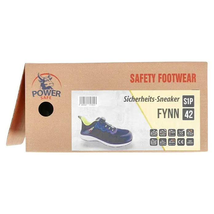 Sicherheitshalbschuh Fynn - 42, Schutzklasse nach EN ISO 20345: S1P, Schwarz, Neongrün - Box mit Power Safe Sicherheitsschuhen, Modell FYNN 42, mit Sicherheitsstufe S1P. Die Schuhe bieten Komfort, Kevlar und sind ölbeständig.