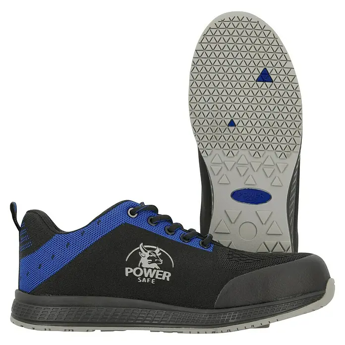 Sicherheitshalbschuh Nicky - 45, Schutzklasse nach EN ISO 20345: S1P, Schwarz, Blau - Dieses Bild zeigt einen Sicherheitsschuh der Marke Power Safe in Schwarz und Blau mit einer rutschfesten Sohle.