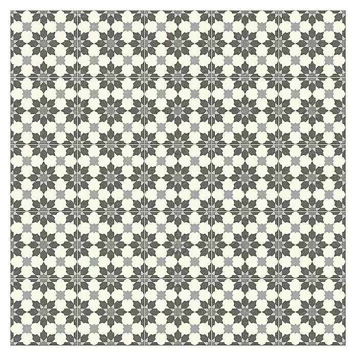 Beauflor PVC-Boden Meterware Artemis - 300 cm, Grau/Beige - Geometrische Bodenfliesen mit wiederholendem Muster aus hell- und dunkelgrauen Sternen auf cremefarbenem Grund.