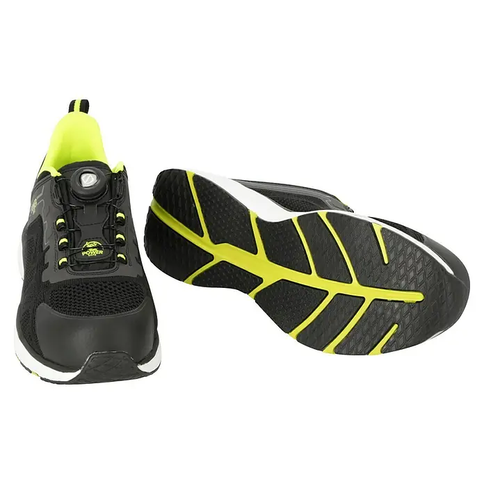 Sicherheitshalbschuh Fynn - 45, Schutzklasse nach EN ISO 20345: S1P, Schwarz, Neongrün - Schwarzer Sicherheitsschuh mit BOA-Verschluss und gelben Akzenten, inklusive einer Sohle mit Profil für optimalen Halt.