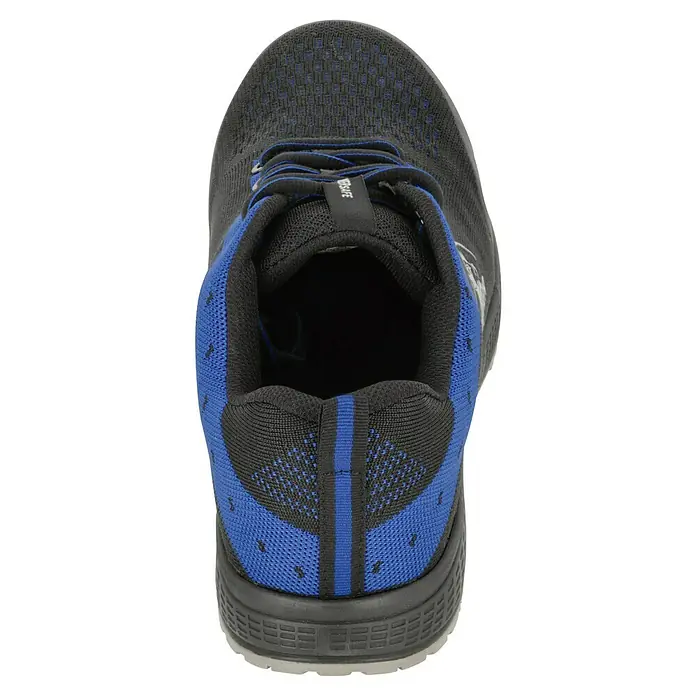 Sicherheitshalbschuh Nicky - 45, Schutzklasse nach EN ISO 20345: S1P, Schwarz, Blau - Das Bild zeigt die Rückansicht eines stilvollen Laufschuhs in Schwarz und Blau, ideal für Sport und Freizeit. Bequem und strapazierfähig.