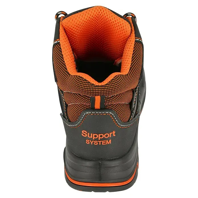 Sicherheitsstiefel Maddox - 41, Schutzklasse nach EN ISO 20345: S3, Schwarz, Orange - Detailaufnahme der Rückseite eines schwarzen und orangefarbenen Stiefels mit der Aufschrift "Support System".