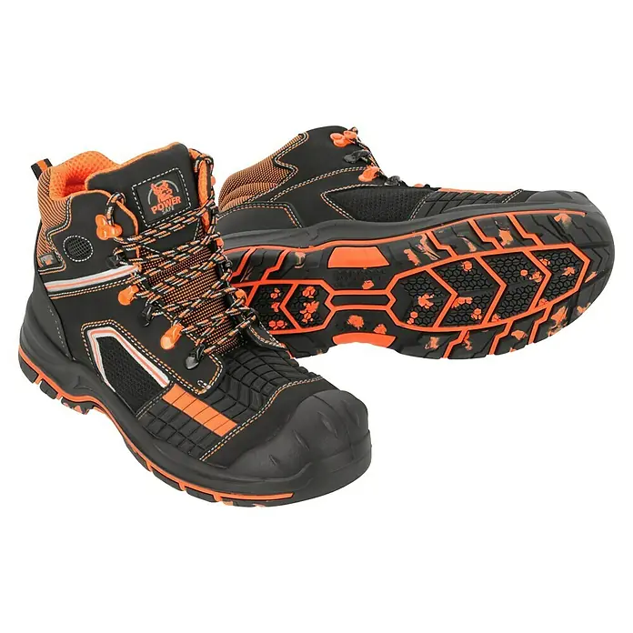 Sicherheitsstiefel Maddox - 41, Schutzklasse nach EN ISO 20345: S3, Schwarz, Orange - Ein Paar schwarze Power Safe Arbeitsstiefel mit orangefarbenen Akzenten und rutschfester Sohle für sicheres Arbeiten.