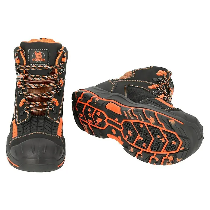 Sicherheitsstiefel Maddox - 41, Schutzklasse nach EN ISO 20345: S3, Schwarz, Orange - Abgebildet sind robuste Power Safe-Arbeitsstiefel in Schwarz und Orange, die Sicherheit und Stil vereinen.