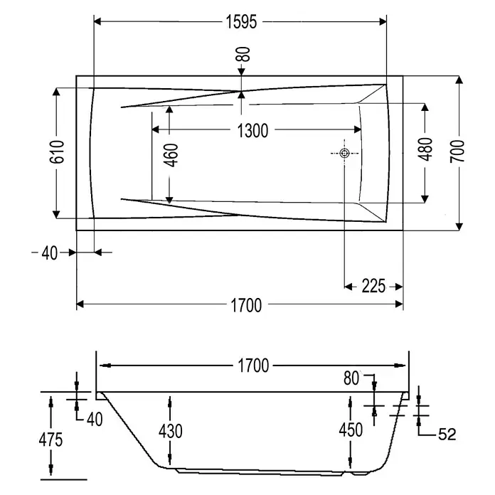 Ottofond Whirlpool Santos - 170 x 70 cm, Sanitäracryl, Weiß, Premium - Technische Zeichnung einer Badewanne mit Maßangaben zu Länge, Breite und Höhe für Installationszwecke.