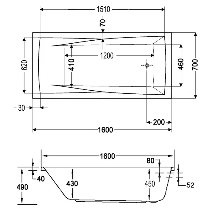 Ottofond Whirlpool Santos - 160 x 70 cm, Sanitäracryl, Weiß, Premium - Eine technische Zeichnung einer Badewanne mit den Maßen 1600 x 700 mm. Die Skizze zeigt sowohl Draufsicht als auch Seitenansicht.