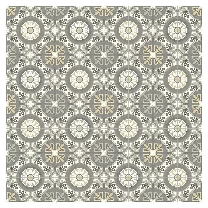 Beauflor PVC-Boden Meterware Hera - Sonstige, Breite: 400 cm, Hellgrau/Beige - Dekorativ gemusterte Boden-/Wandfliesen in Grau, Weiß und Beige mit floralen und geometrischen Motiven.