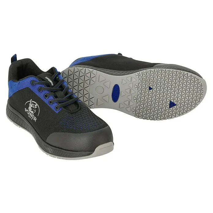 Sicherheitshalbschuh Nicky - 45, Schutzklasse nach EN ISO 20345: S1P, Schwarz, Blau - Das Bild zeigt ein Paar Power Safe-Arbeitsschuhe in Schwarz und Blau mit rutschfester Sohle. Ideal für sicheres Arbeiten.